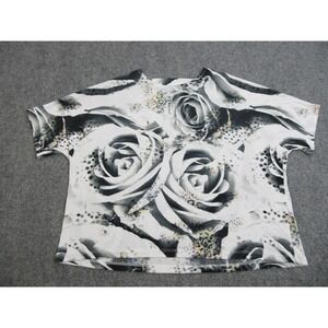 Clara Sunwoo Shirt Womens 1X Black White Rose Floral Print Stretch Made USA